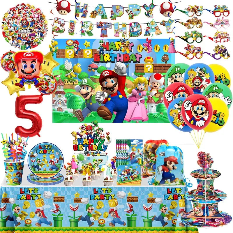 Super Mario Bros Birthday Party Decoration Game Mario Brother Theme Tableware Cup Plate Balloon Party Supplies Kids Backdrop