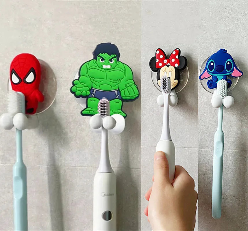 Disney Stitch Mickey Minnie Mouse kids Toothbrush Holder Frozen Spiderman Anime Figure Cartoon Wall Mounted Shelf Bathroom Toys