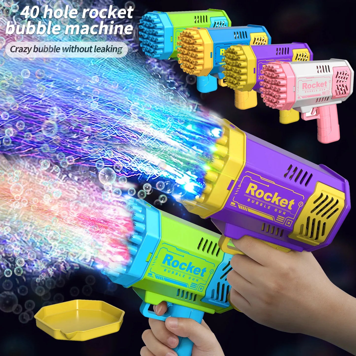 40 Holes Electric Rocket Bubble Machine Handheld Automatic Space Light Bubble Gun Kids Outdoor Battle Toys Without Bubble Water